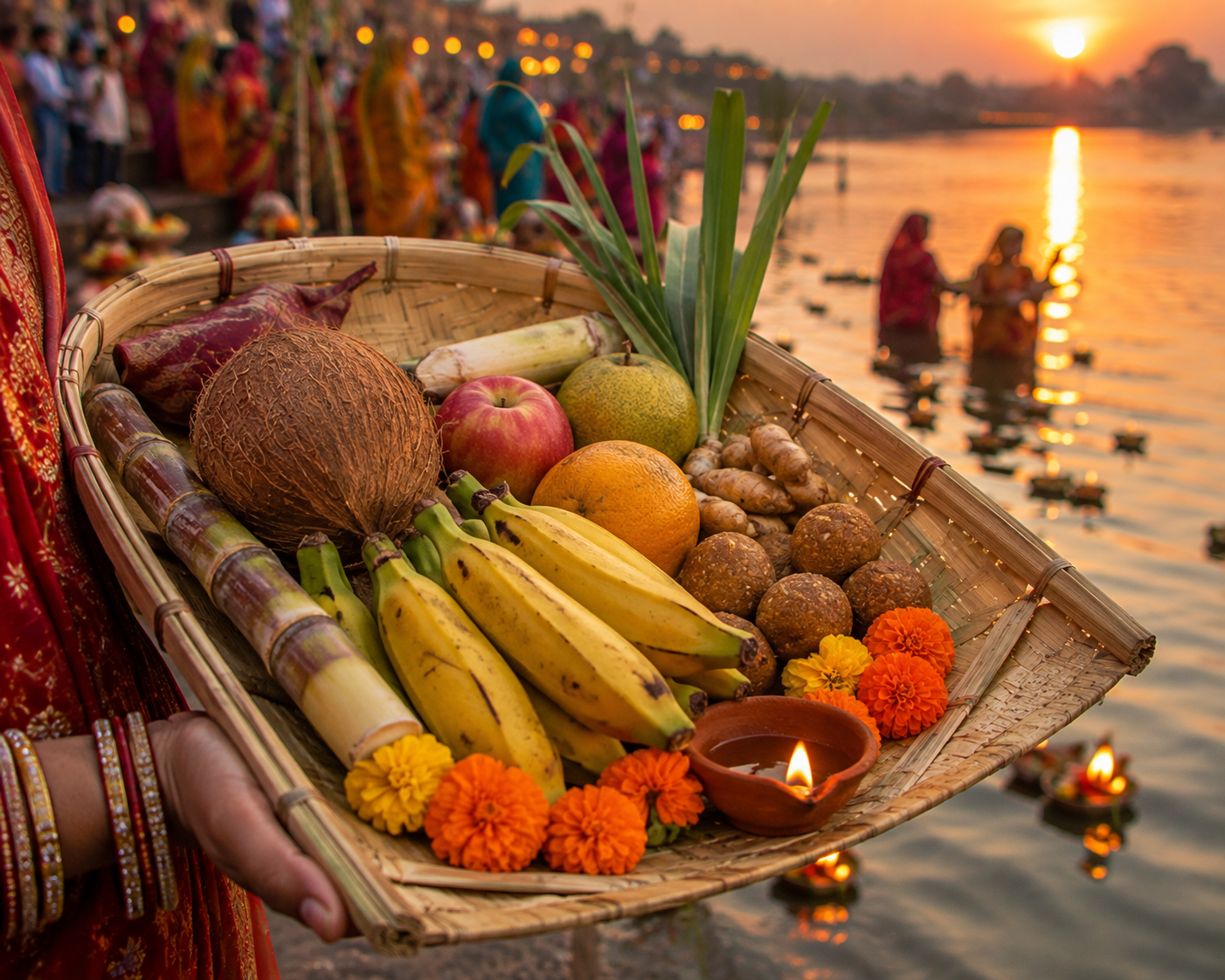 Bamboo soop filled with Chhath offerings and a lit diya