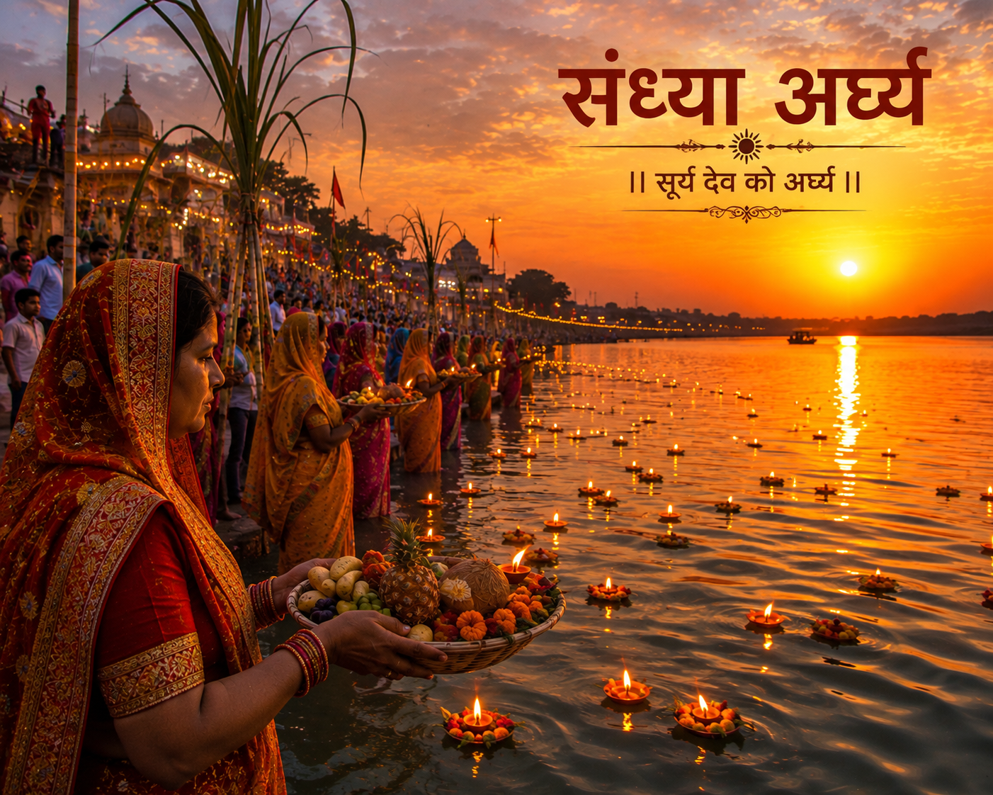 Evening arghya at a river ghat lit with thousands of diya