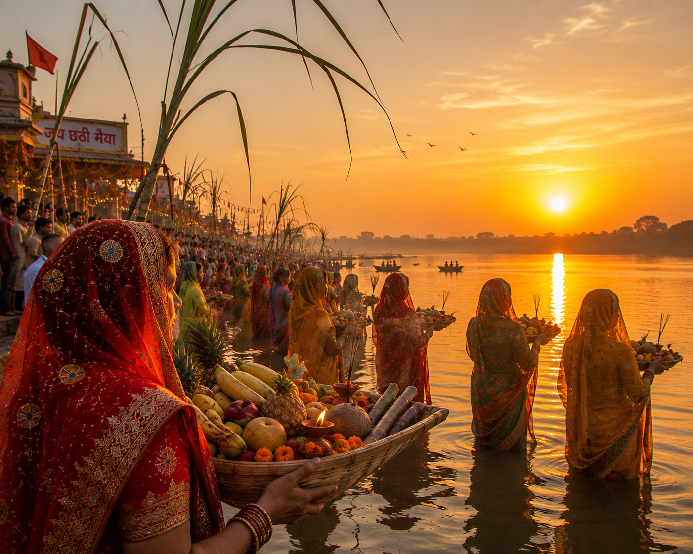 Devotees offering arghya to the sun at a river ghat