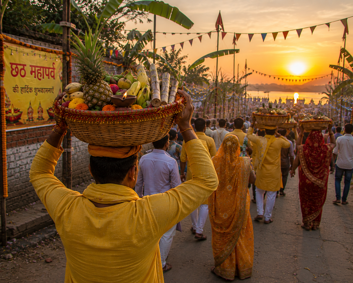 Devotees carrying baskets of offerings to the ghat at sunset