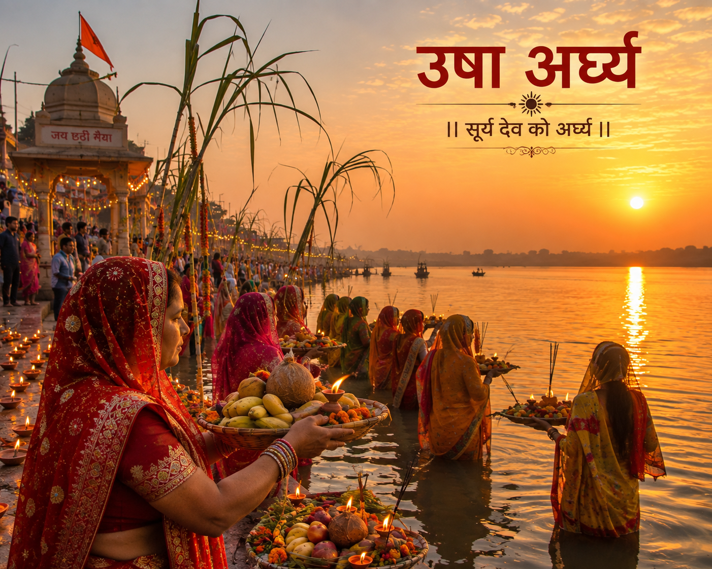 A woman offering arghya to the rising sun at dawn